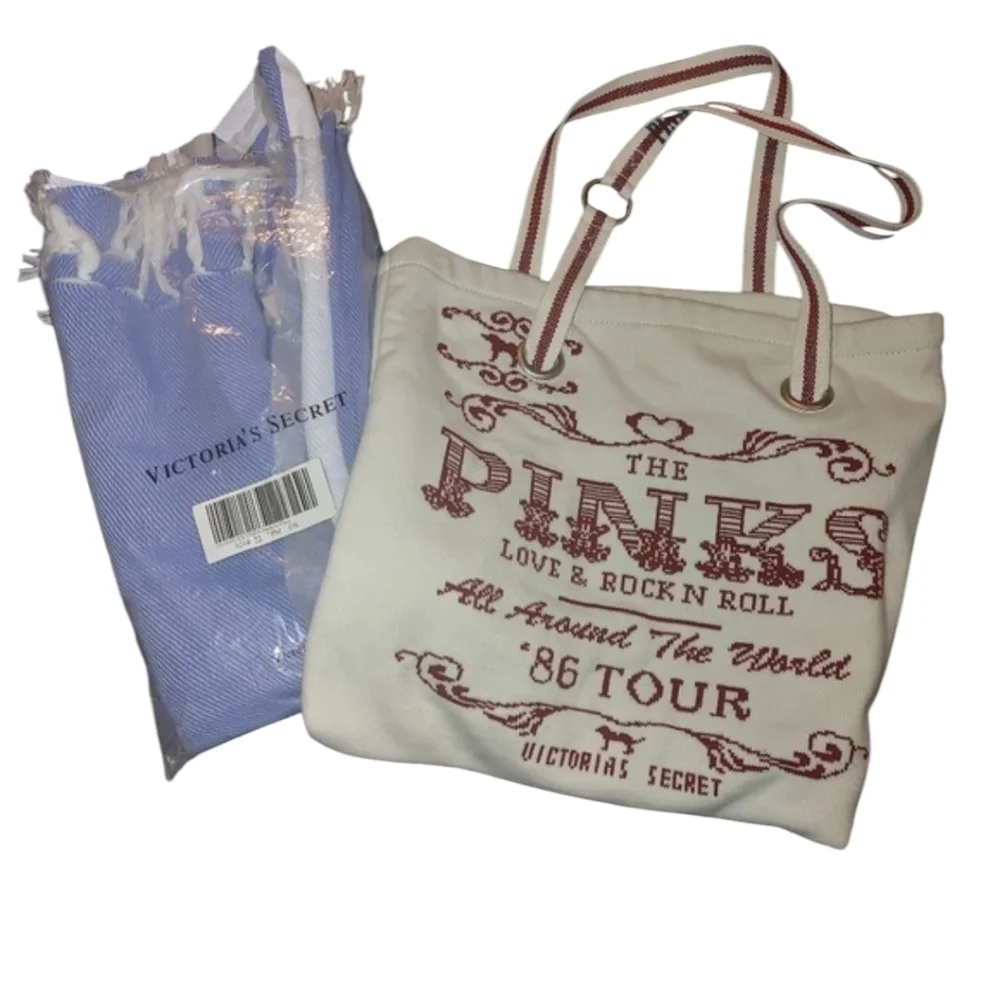 Victoria's Secret Cream and Red Retro Tote And Blanket Bundle.